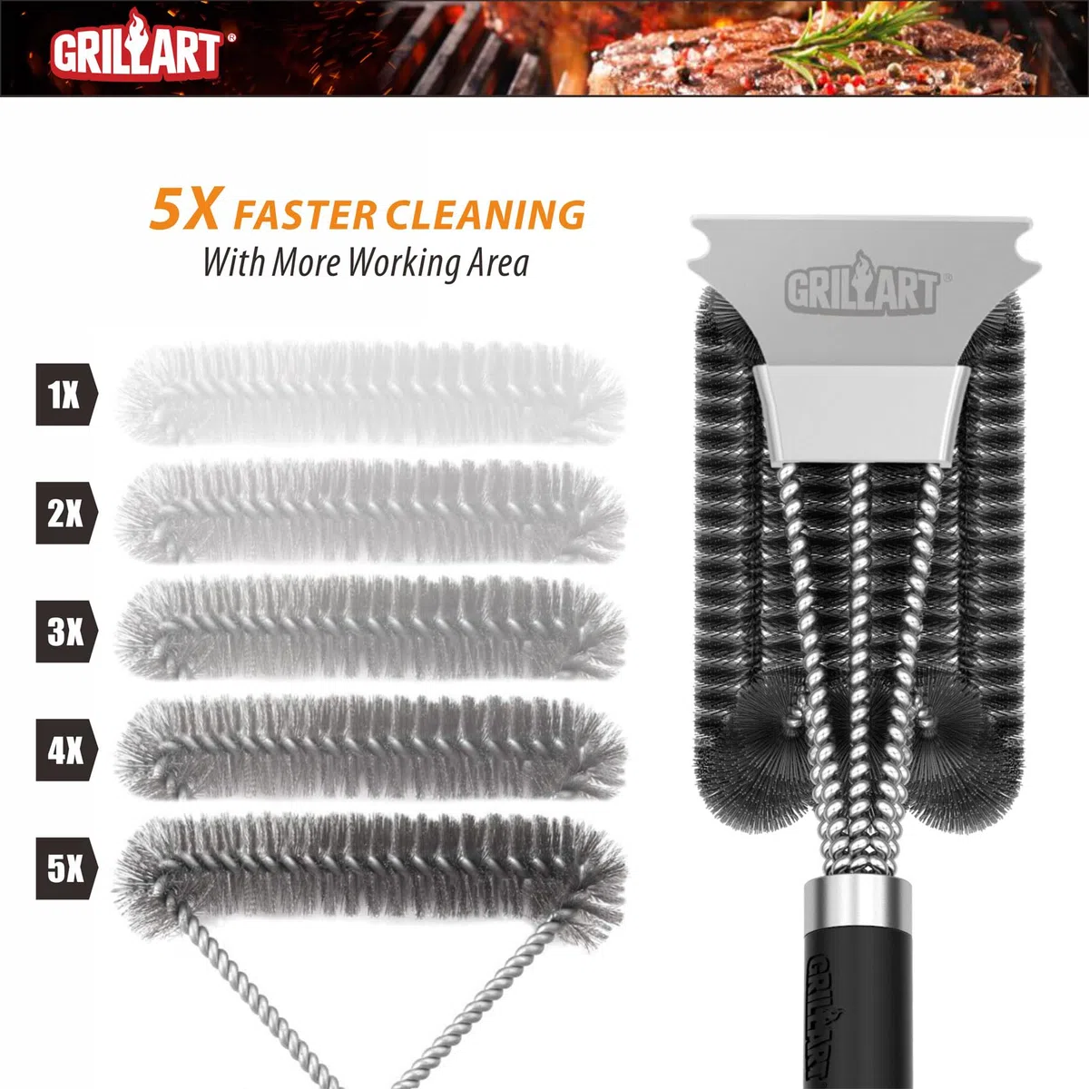GRILLART BR-8529 BR-8529 - Spazzola per griglia e raschietto con manico Deluxe, spazzola per la pulizia della griglia della griglia del barbecue e della griglia del carbone a raggi infrarossi, per