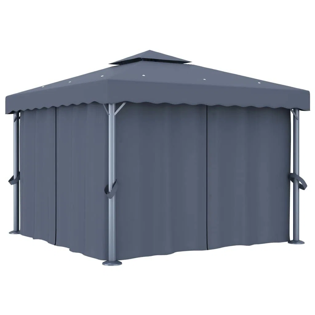 Gazebo 3x3 m Antracite Con Tende E Luci Led Solari | Alluminio e acciaio, poliestere con rivestimento PA, tetto doppio, zanzariere incluse