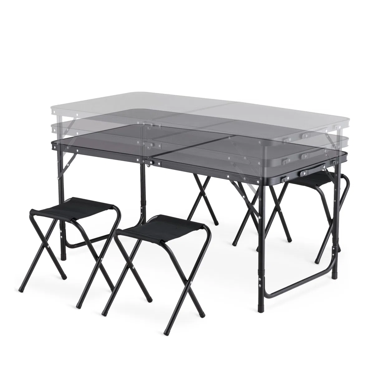 Tavolo da Campeggio con 4 Sedie, Altezza Regolabile, Tavolo Barbecue Pieghevole Portatile 120 x 60 cm, Tavolo Pieghevole in Alluminio con 4 Sgabelli Pieghevoli per Campeggio, Picnic, Barbecue Giardino