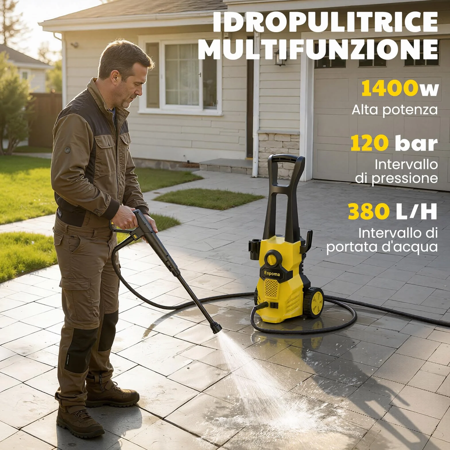Espoma Idropulitrice Pressione max 150 bar, Portata 380 l/h Idropulitrice, Area di lavoro 30 m²/h, casa, giardino o auto, portata max 450 l/h, pompa in alluminio, Serbatoio detergente 02