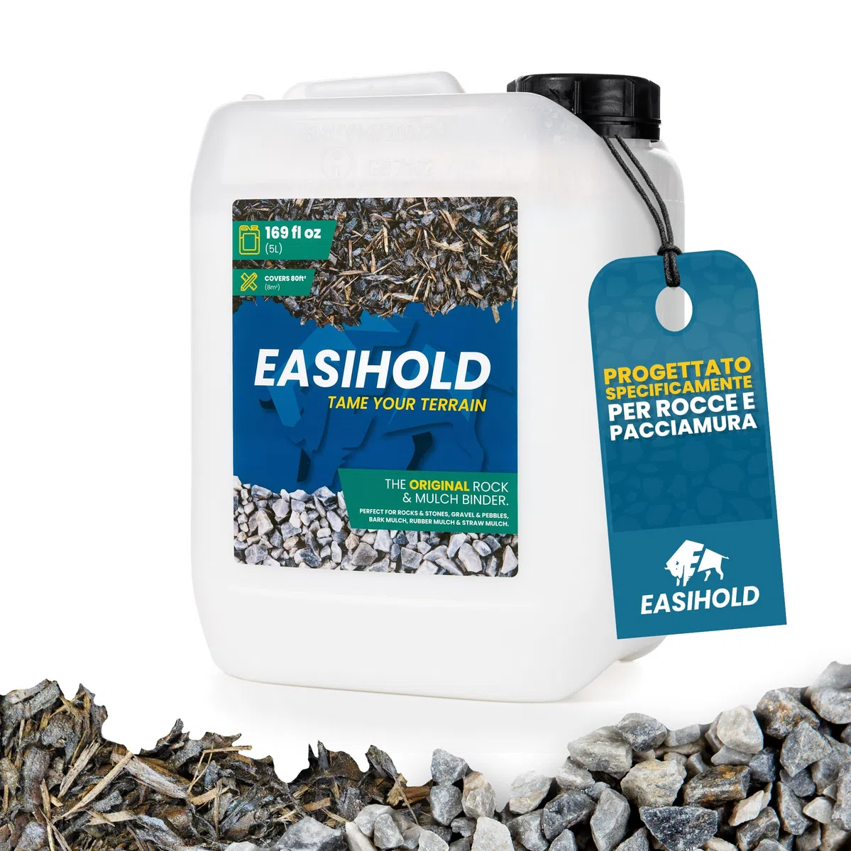 EASIHOLD Rocks - Legante per Ghiaia XL da 5 Litri per incollare Pietre, Corteccia e Ghiaia su Bordi, Cortili e vialetti del Giardino. Dura Fino a 3 Anni, Non tossico Pronto all'Uso.