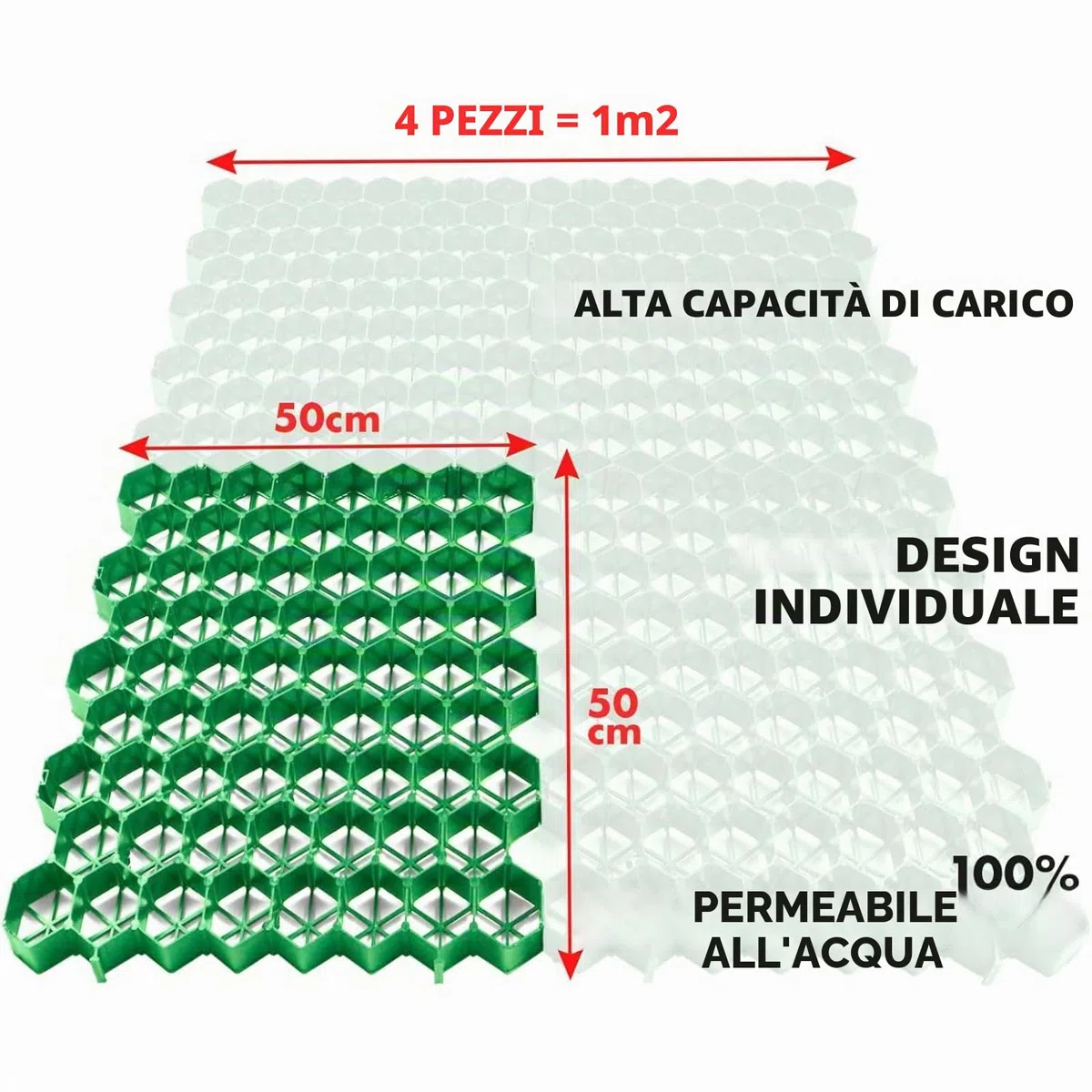 Floordirekt Griglia per prato in plastica, 1 m² – 4 pezzi – 50 x 50 cm, verde – griglia da pavimento, piastra paddock, a nido d'ape per prato