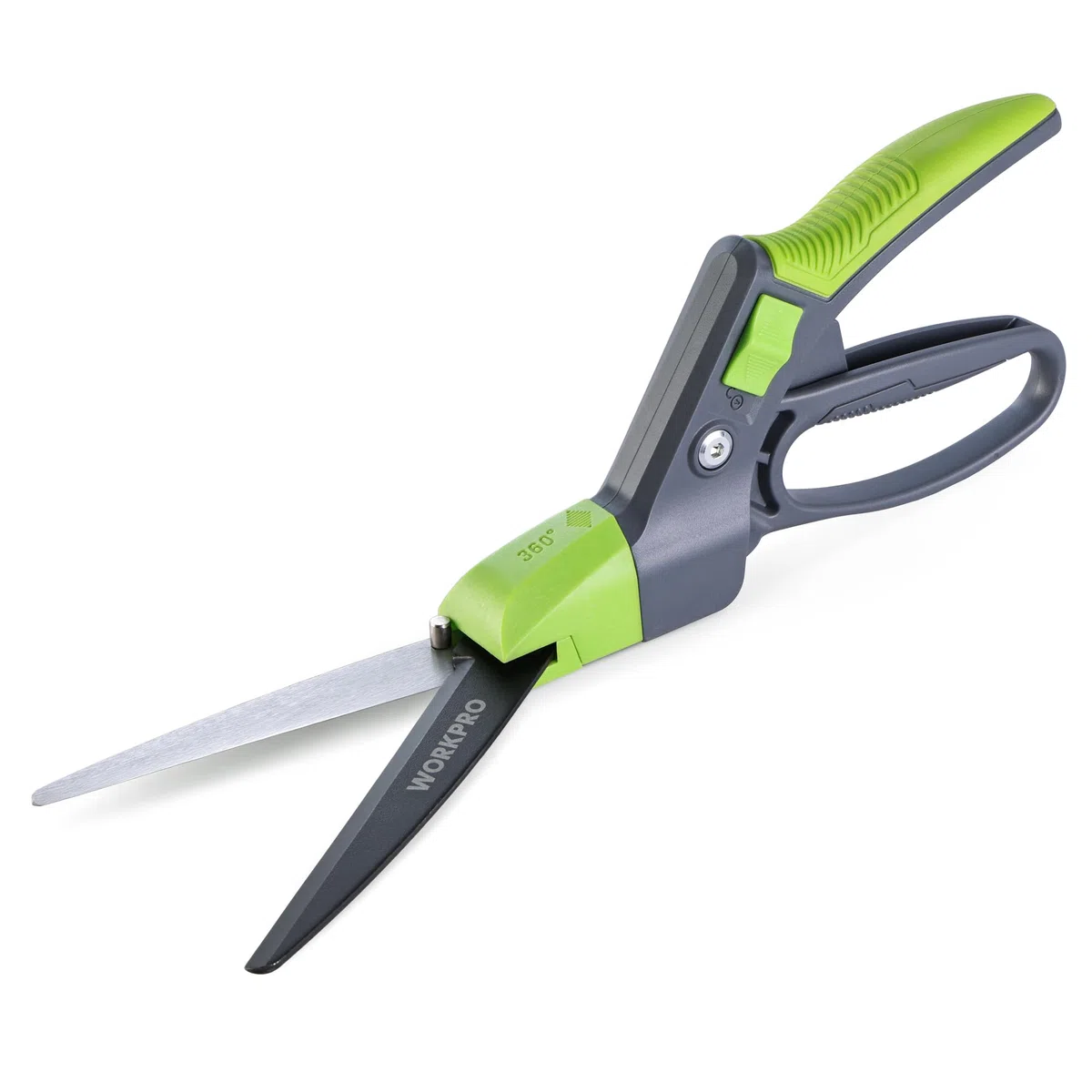 WORKPRO Forbici da Erba Rotanti 360°, Cesoie da Giardino 350mm con Lama Rivestita Antiruggine, Impugnatura Ergonomica, Blocco di Sicurezza per Prato, Piante e Bonsai