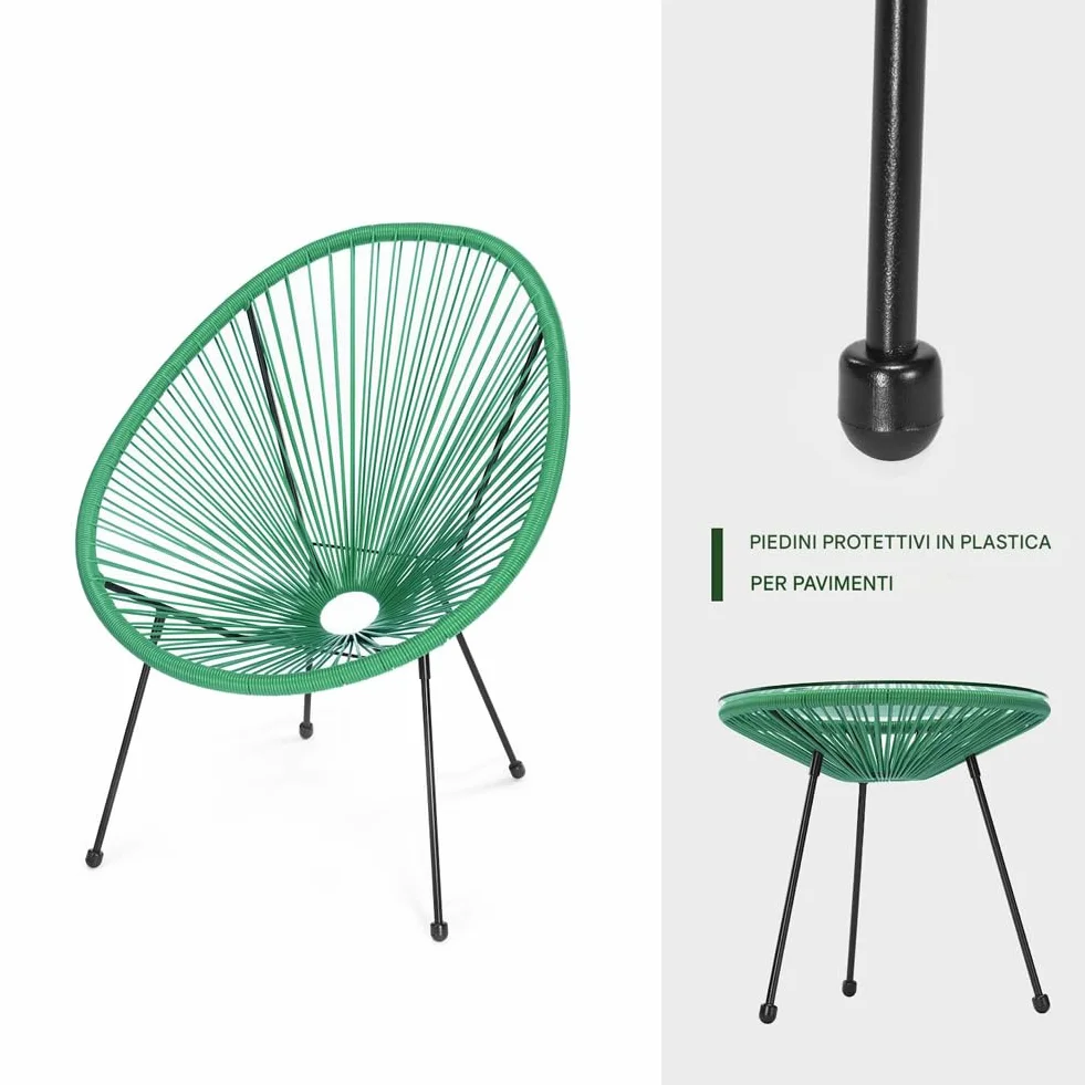 BAKAJI Set da Giardino in Polyrattan con 2 Sedie e 1 Tavolino, Design Intrecciato, Salotto da Conversazione per Esterni, Salottino Ideale per Patio, Balcone, Ristorante, Bar (Verde)