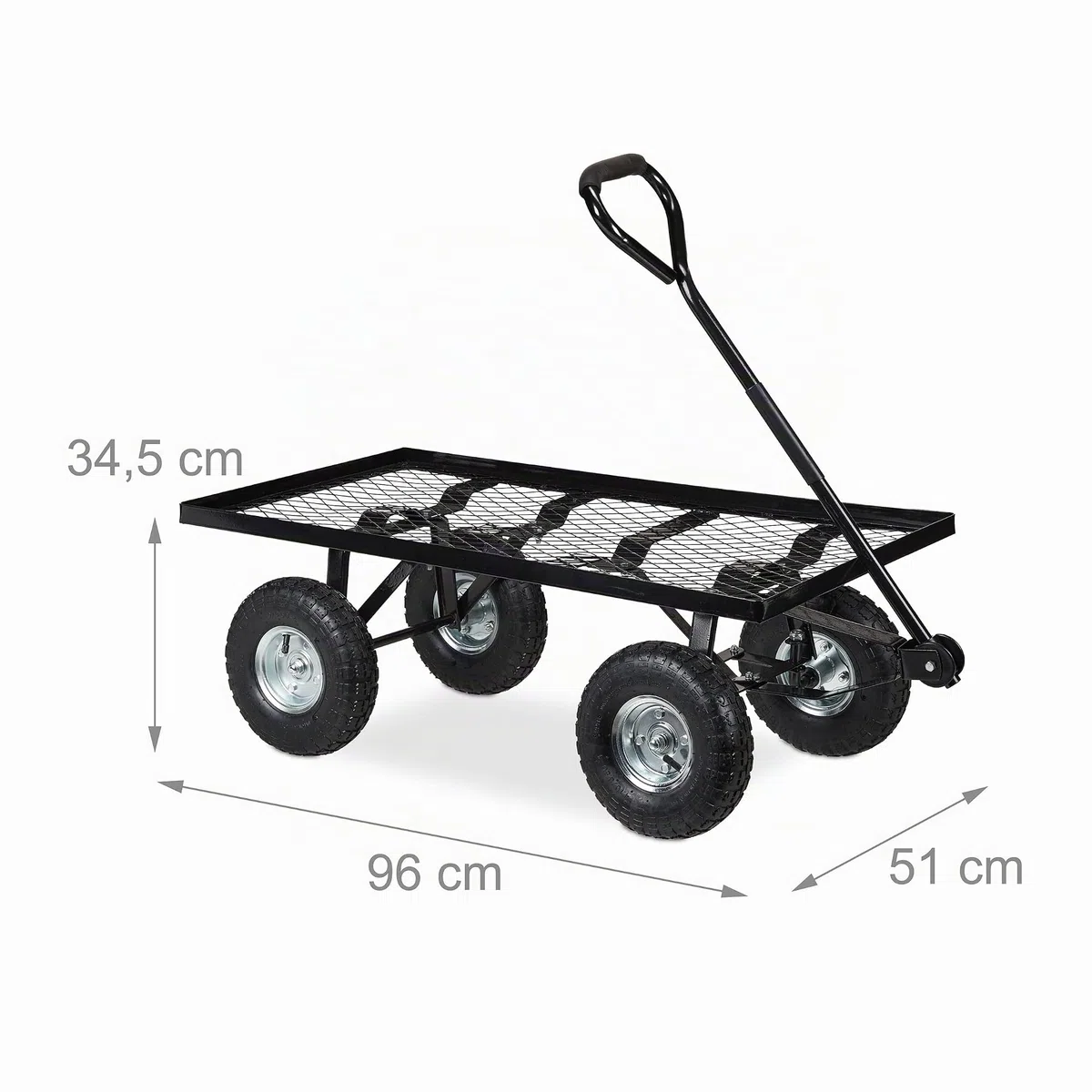 Relaxdays Carretto da Giardino, Carrello a Mano da Trasporto, HLP: 34,5x51x96 cm, Superficie Aperta, Fino a 200 kg, Nero