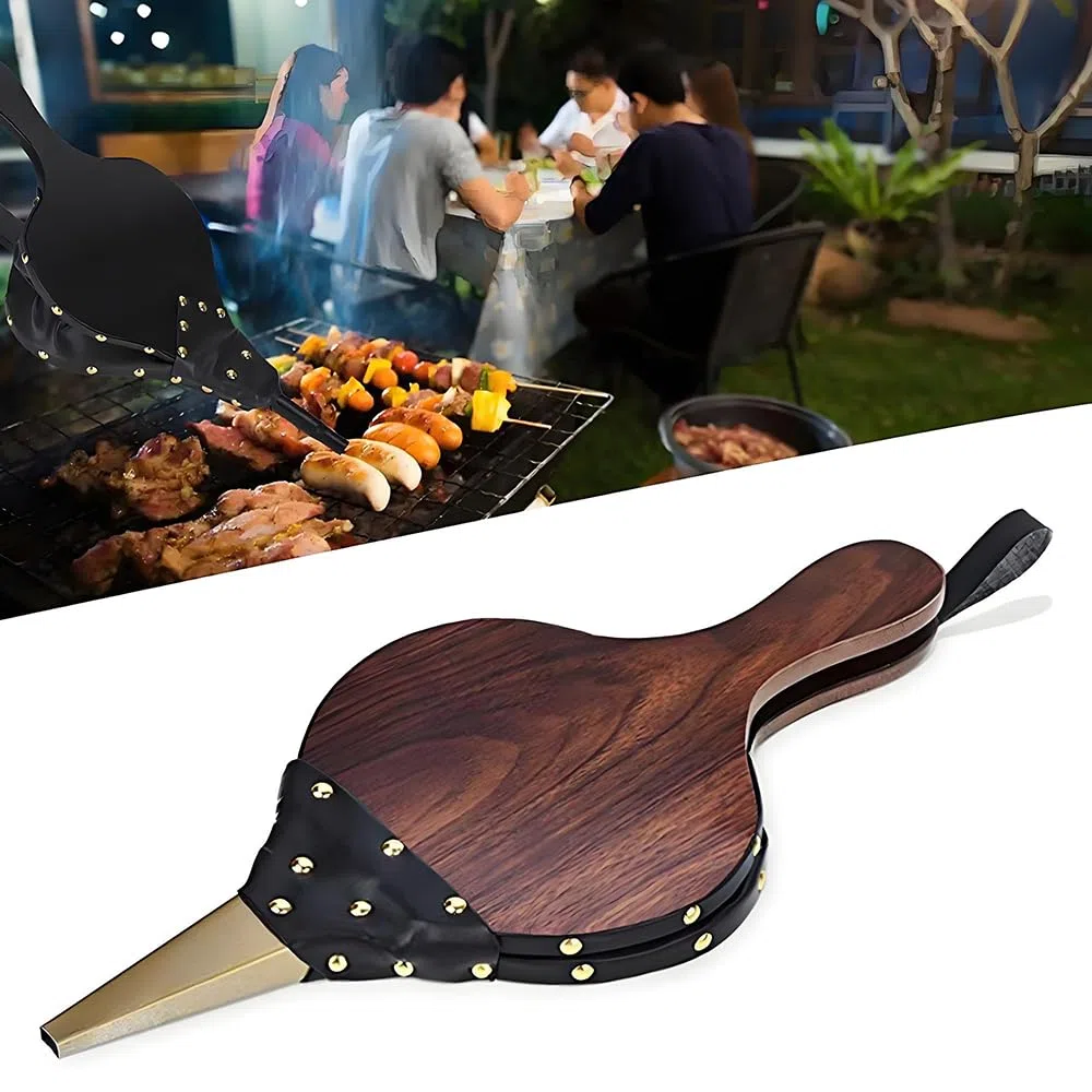 Soffietto a chiodi dorati, soffiatore d'aria in legno, soffietto in plastica, caminetto e barbecue, per barbecue, per esterni, 43 x 19 cm