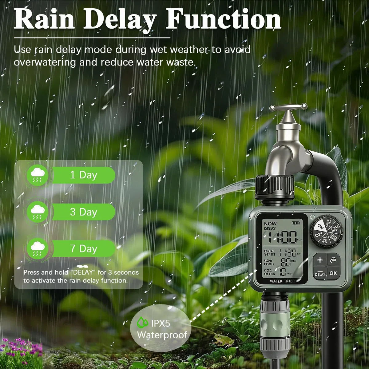 Timer irrigatore per tubo da giardino – Regolatore di irrigazione automatico con ritardo pioggia e modalità manuale, timer programmabile per tubo dell'acqua per prato, cortile, irrigazione a goccia