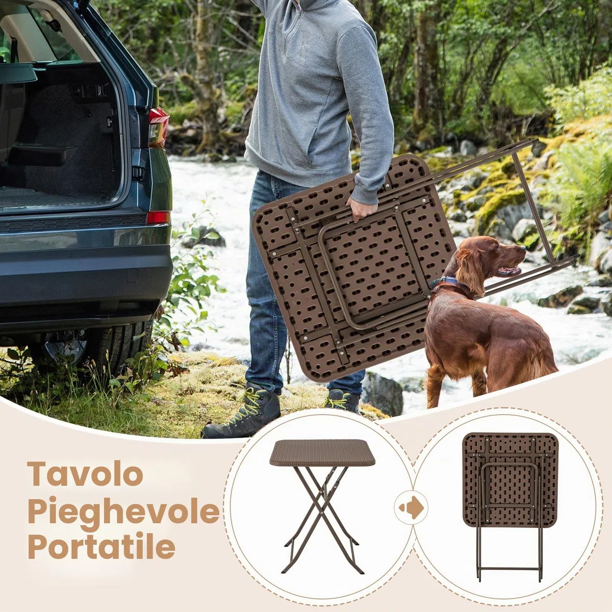LIFEZEAL Tavolo pieghevole in rattan, tavolino quadrato da 60 cm per esterno con telaio metallico, tavolo portatile da picnic per campeggio