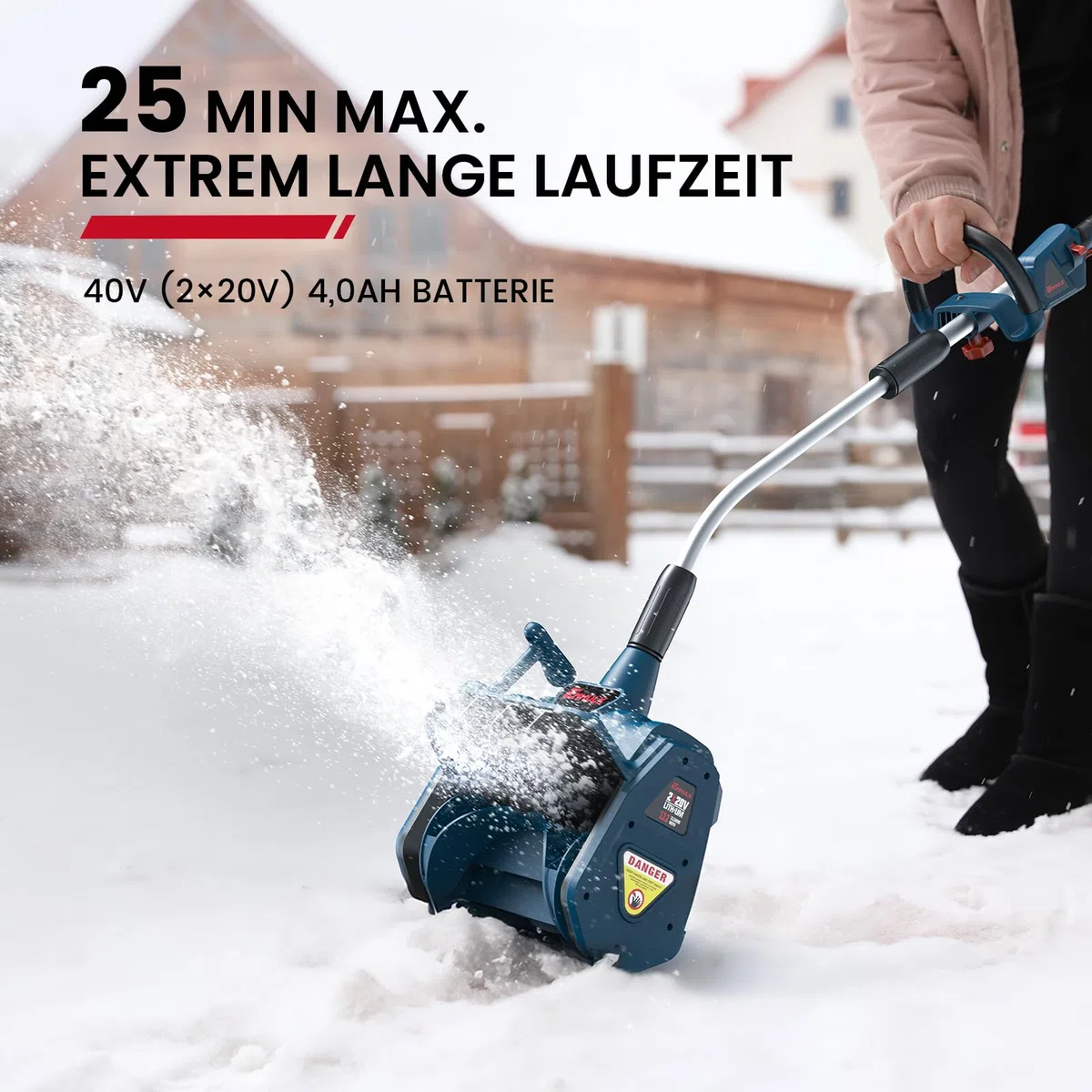 Enhulk 2 spazzaneve a batteria da 20 V, larghezza di lavoro, altezza di 20 cm, pala da neve con impugnatura aggiuntiva, distanza di lancio 8 m, direzione di lancio regolabile ± 30° (include batteria