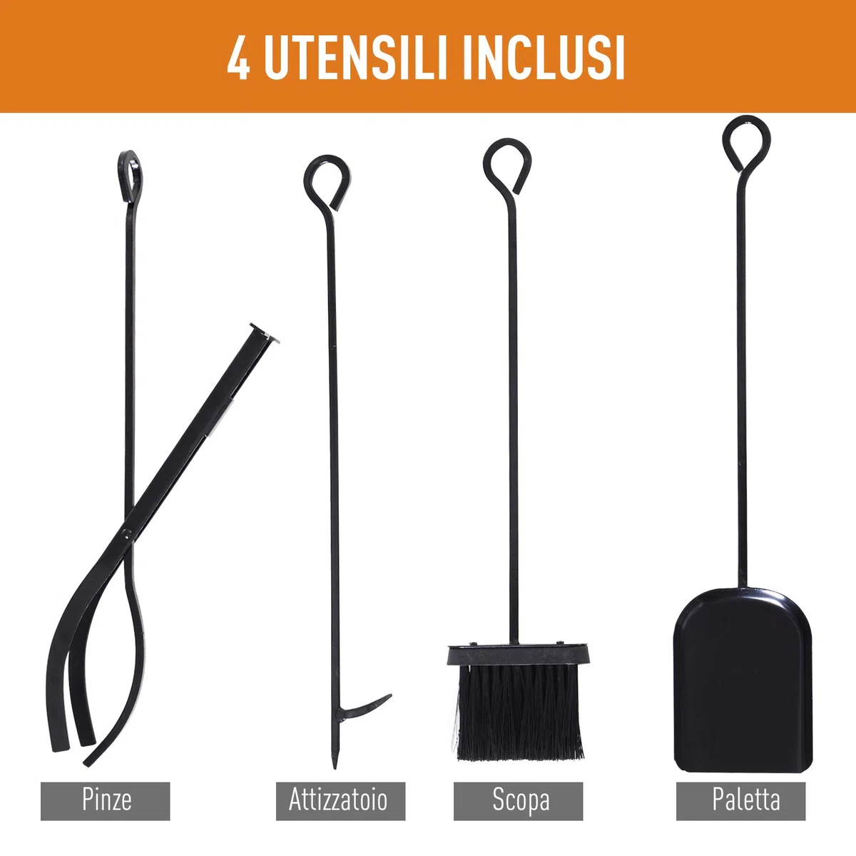 HOMCOM Potalegna per Camino in Acciaio e Antiruggine, Porta Legna per Interni ed Esterni con Design Elegante e 4 Attrezzi, 46x30x70 cm, Nero