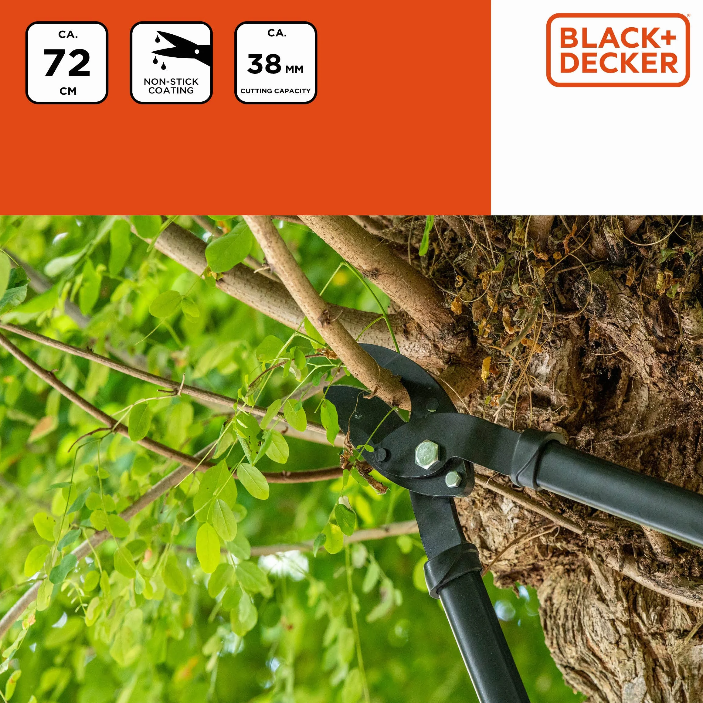 BLACK+DECKER Troncarami - Capacità di taglio 38 mm - 72 cm - Troncarami con rivestimento antiaderente sulle lame - Nero/Arancione