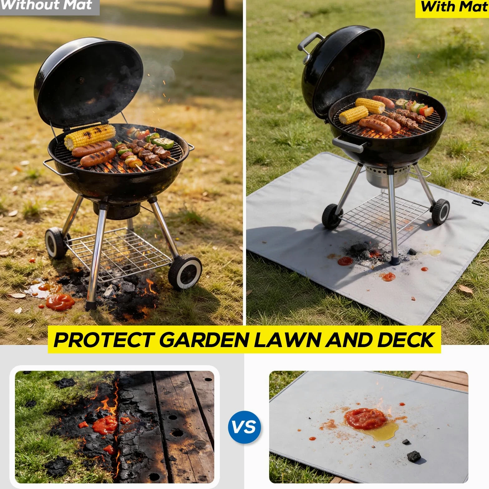 PAWBOSE Tappetino per barbecue da 160 x 122 cm, per barbecue all'aperto, a prova di fuoco su entrambi i lati, per patio e terrazza, impermeabile, a prova di olio, tappetino protettivo per caminetto