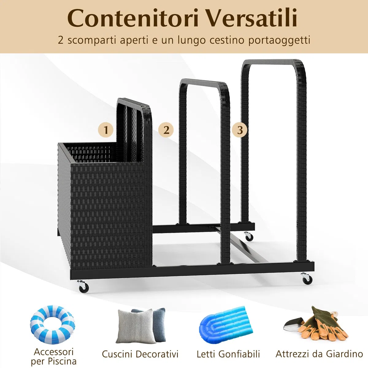 COSTWAY Carrello Archiviazione per Piscina in Rattan PE, Contenitore Esterno Impermeabile con 2 Portasciugamani e 4 Ruote, Portacoperte Giardino per Boe, Salvagenti, Cuscini e Asciugamani (Nero)