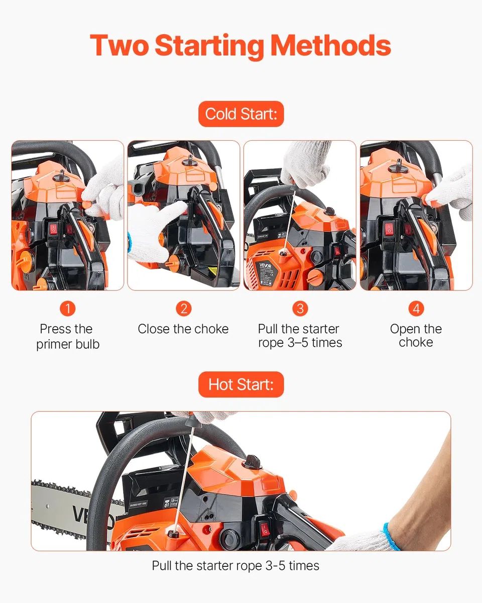 VEVOR Motosega a Gas da 40 cc Motosega a Scoppio da 355 mm 1,8 CV con Impugnatura Antiscivolo, con Doppio Serbatoio, per Taglio del Legno, Potatura degli Alberi e Disboscamento, Arancione Nero