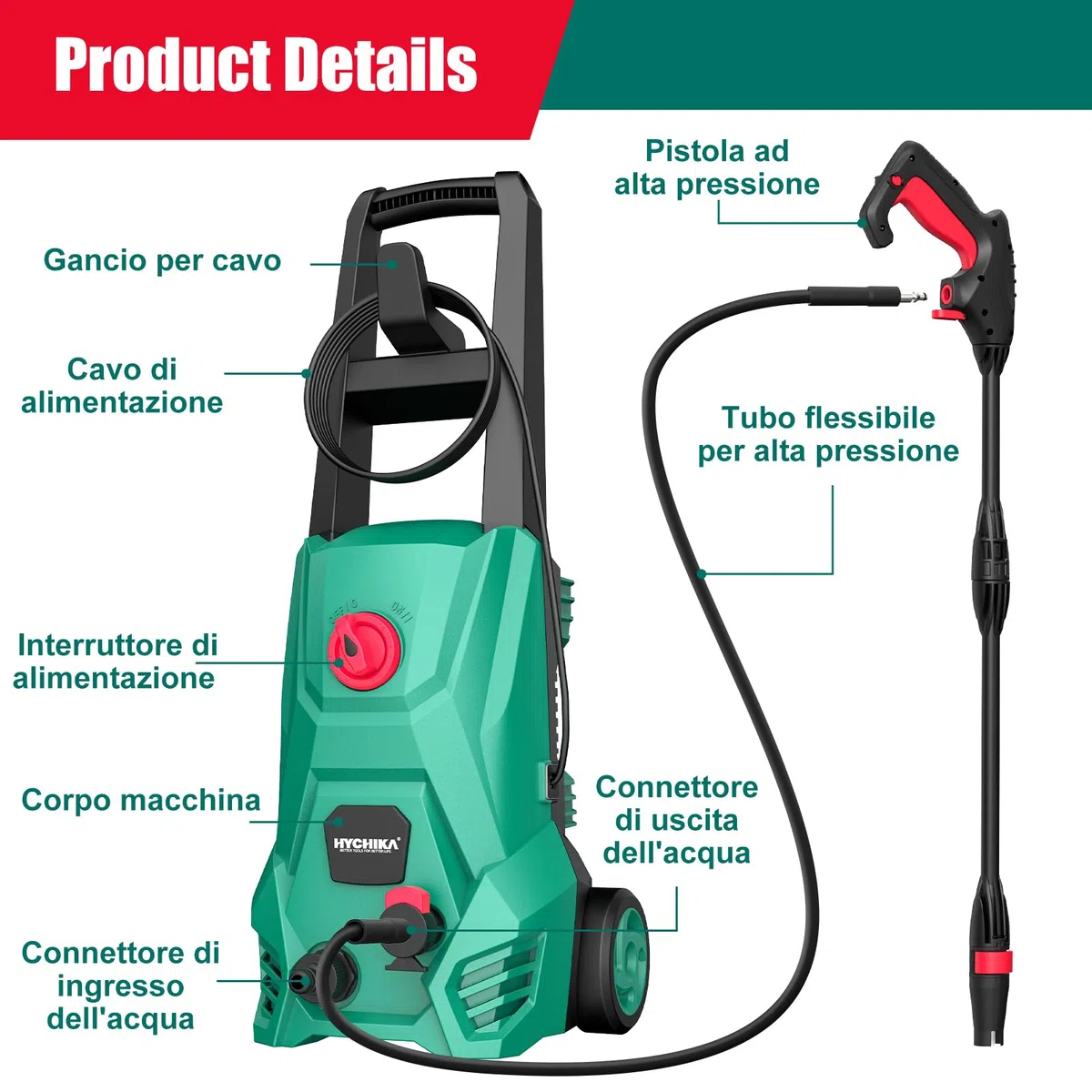 HYCHIKA Idropulitrice, 110 Bar Max Portata 410 l/h 1500W Lavatrice Portatile per con Serbatoio di Schiuma, Tubo Flessibile ad alta Pressione 5m, Cavo 5m, perfetta per Recinzione Auto Cortile