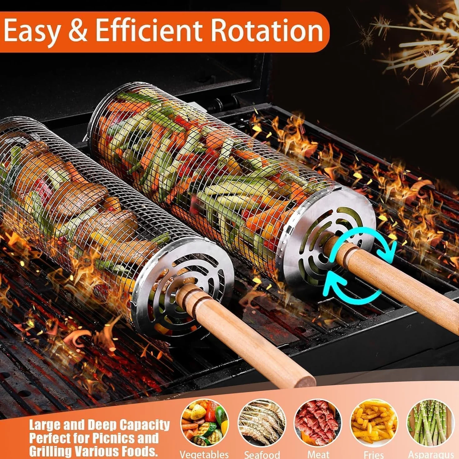 Set 2 Cestelli per Griglia Impilabile Rotanti, Manici in Legno Rimovibili, Acciaio Inossidabile 304, Ideali per Gamberetti, Pesce e Carne, Verdure, Antiruggine, Regalo Perfetto per BBQ