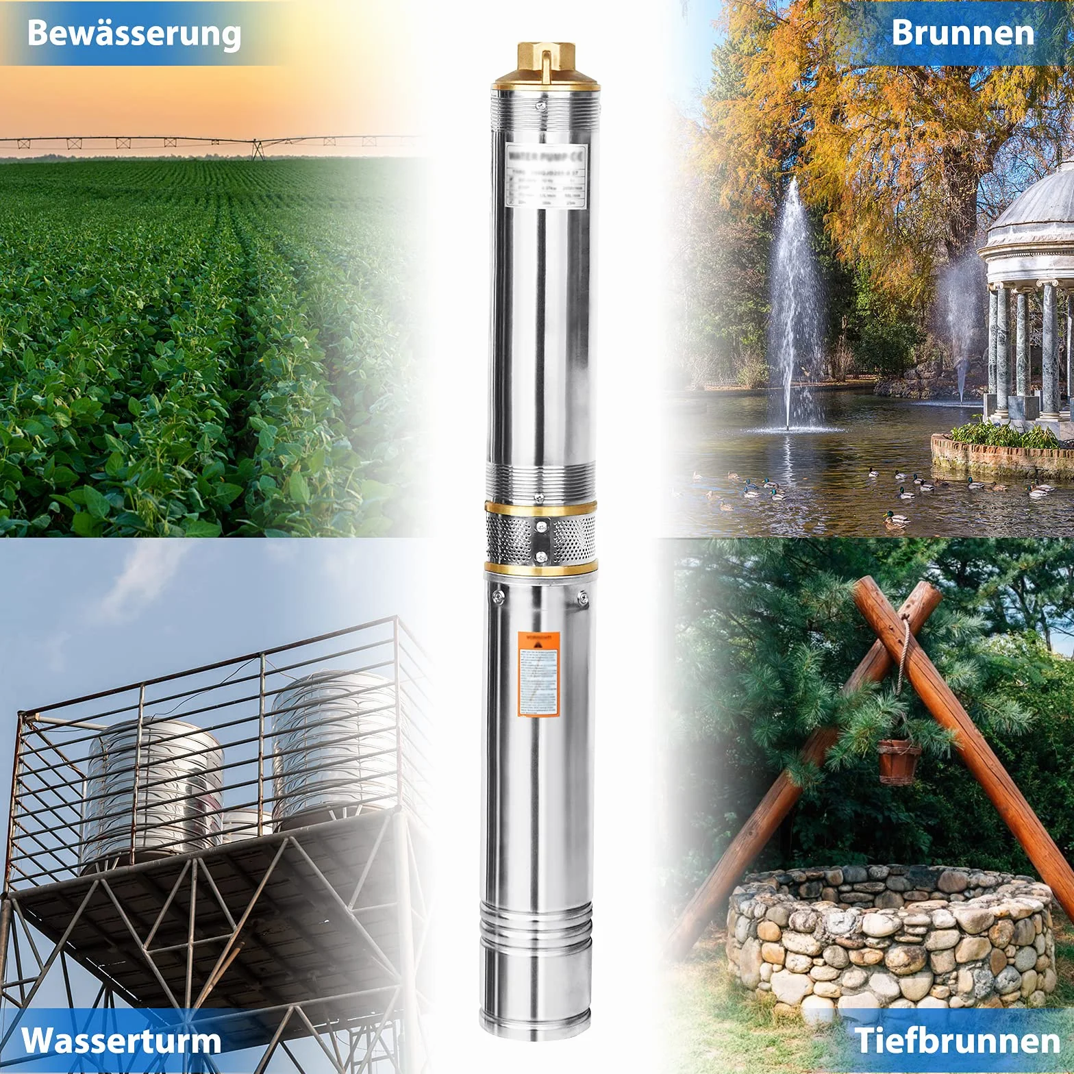 LARS360 Pompa per fontane profonde da 4 pollici, 1,1 kW, in acciaio inox, compatibile con sabbia fino a 4.000 l/h, controllo sabbia, pompa a immersione, diametro 92 mm