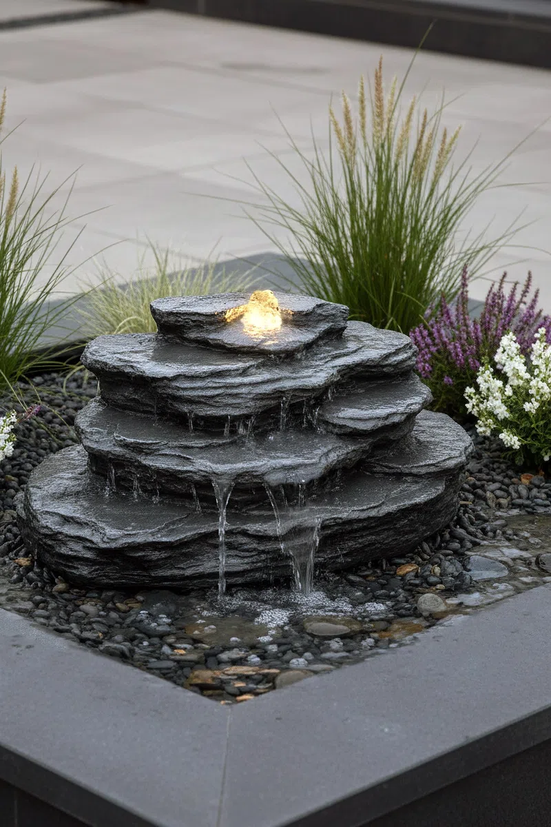 OG-KQS002 - Roccia per fontana artificiale con illuminazione a LED, aspetto pietra realistico, con tubo da 2 m, resistente alle intemperie, per laghetto e ruscello, effetto ardesia, fontana da