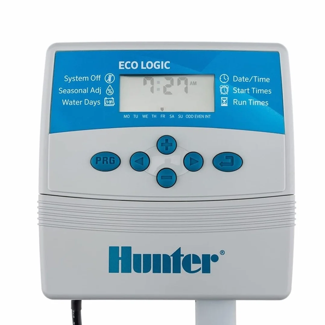 GNCGarden Programmatore di irrigazione elettrico Eco Logic 4 stazioni interno Hunter - Hunter ELC-401I-E - Hunter Eco-Logic Programmatore per interni - Temporizzatore per irrigazione 24V