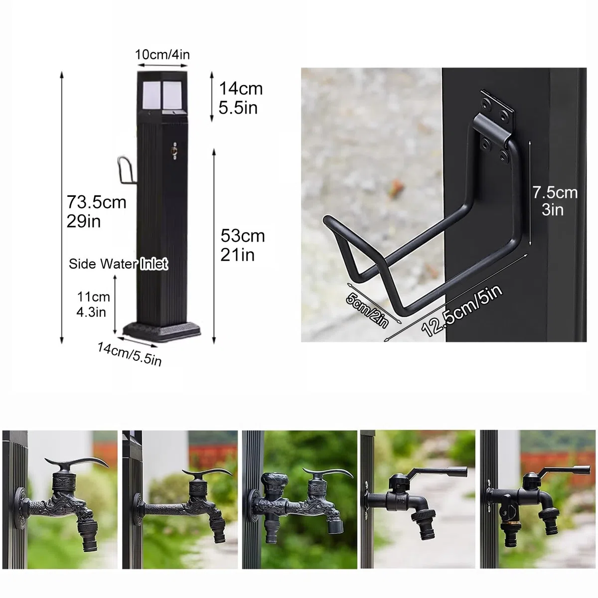 Colonna D'acqua con Luce LED Solare, Fontana da Giardino Esterno Metallo Fontanelle da Giardino Rubinetti da Esterno Ottone (Color : Column With dual faucet, Size : 73cm)