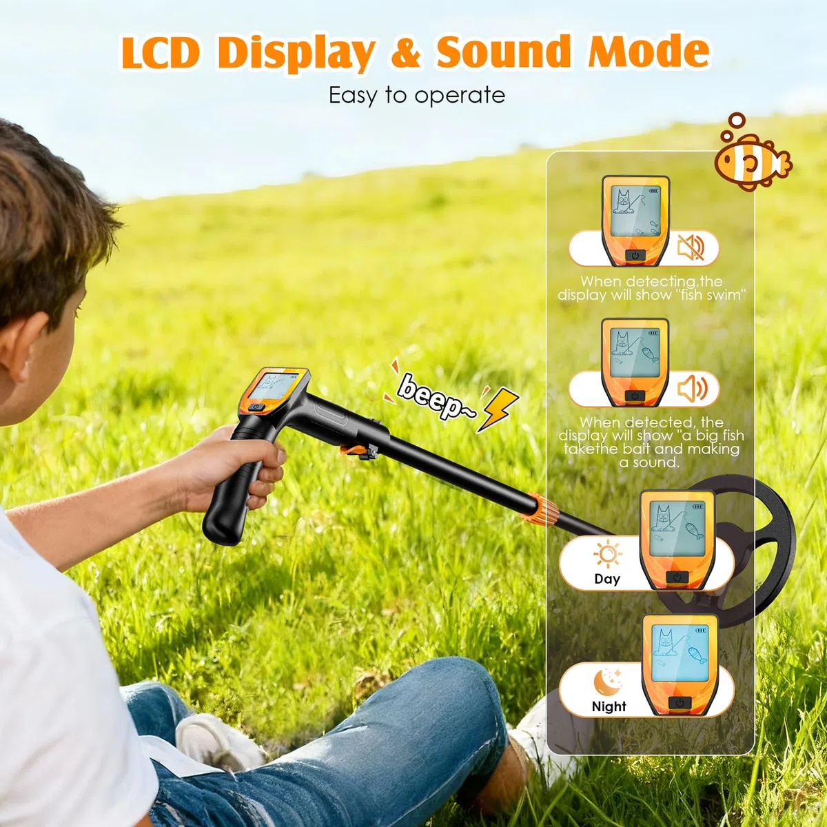 Metal Detector Bambini, Metal Detector per Bambino Leggero con Asta Regolabile 66-83 cm, Display LCD e Bobina di Ricerca Impermeabile, Pala, Rastrello, Setaccio e Borsa, Arancione