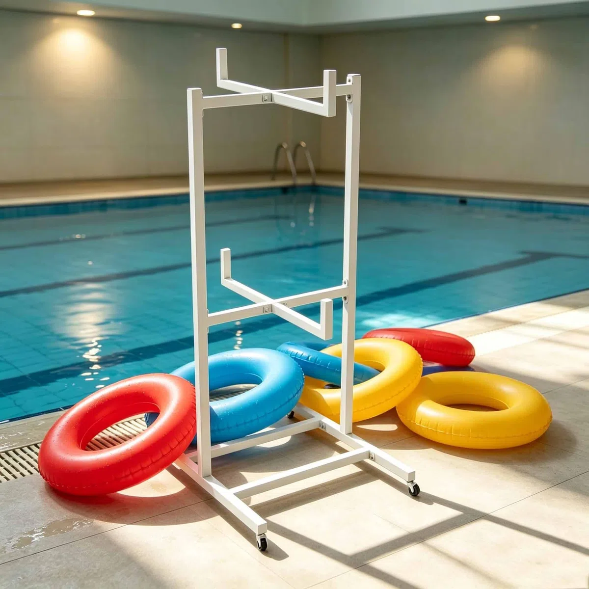 Organizzatore per piscina per galleggianti, supporto esterno bordo piscina | Porta asciugamani, stendibiancheria per attrezzatura da nuoto, 4 ruote universali