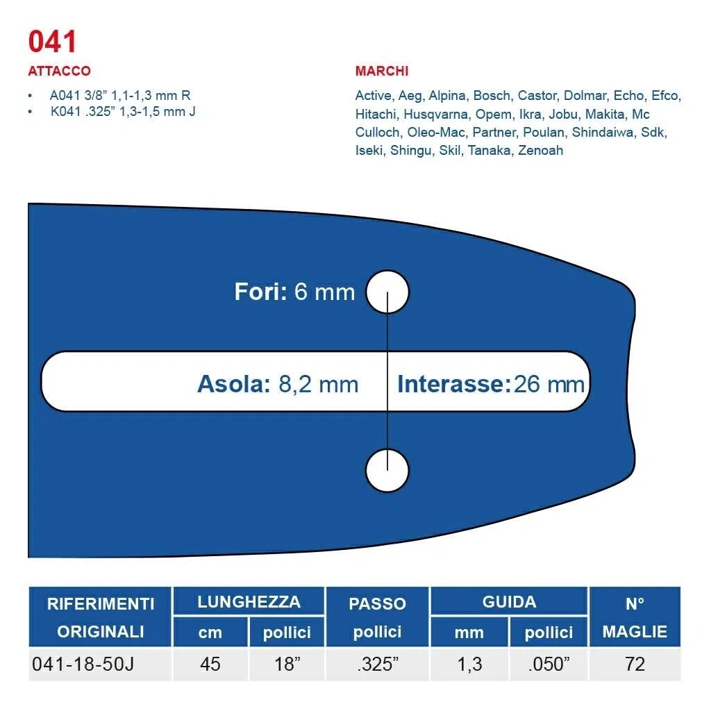Barra per motosega Maya passo 325 spessore 1.3 mm da 72 maglie