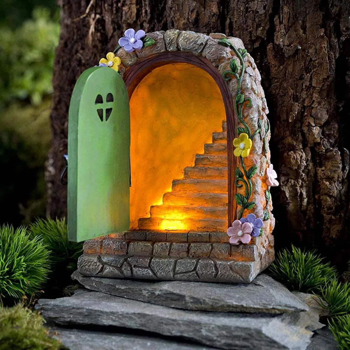 Statue da Giardino Solare con Luce Calda,Porta Delle Fate,LED Gnomo in Miniatura per la Casa in Ornamentale di Giardino Fatato Door,Elfo Folletto Sculture di Alberi Yard Decorazione per Esterni