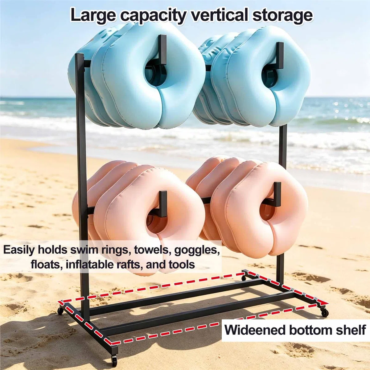 Supporto a 2 livelli per galleggianti da piscina, organizer esterno per bordo piscina, organizer con ruote e barra trasversale, adatto per attrezzature e accessori nuoto