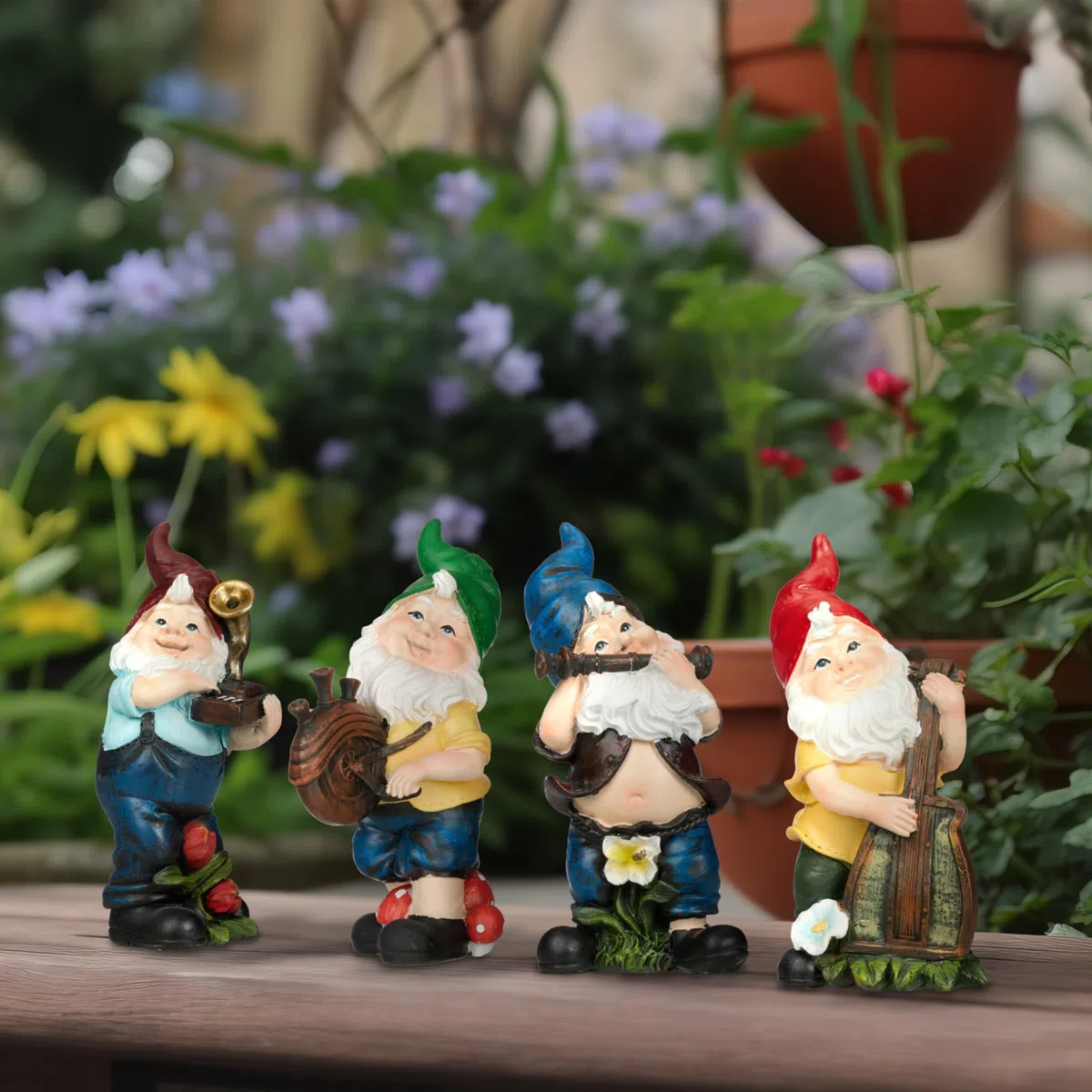 Relaxdays Set da 4 Gnomi da Giardino, Musicisti, Statua Nano, in Poliresina Antigelo e Resistente Intemperie, Colorato