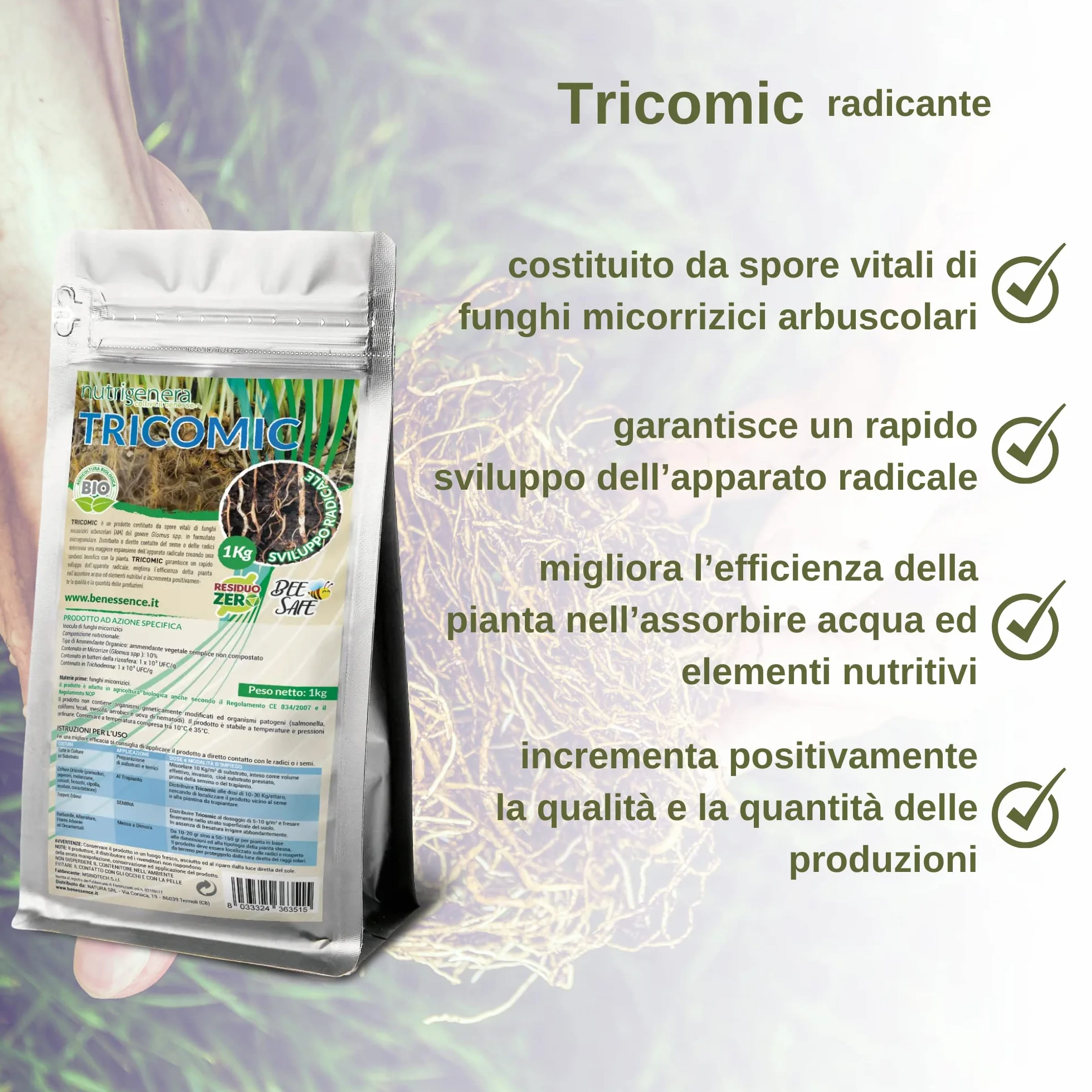 Nutrigenera - Tricomic Bio – Inoculo di funghi micorrizici, Beauveria bassiana, Metarhizium – Stimola l’espansione radicale – 1 Kg