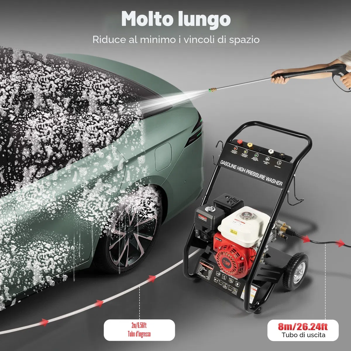 Idropulitrice Professionale a Benzina 190bar 7,5 CV Pressione di Lavoro Motore a Benzina Vapore 8m Tubo ad Alta Pressione 5 Ugelli Idropulitrice per Auto/Recinzioni/Giardini/Patii
