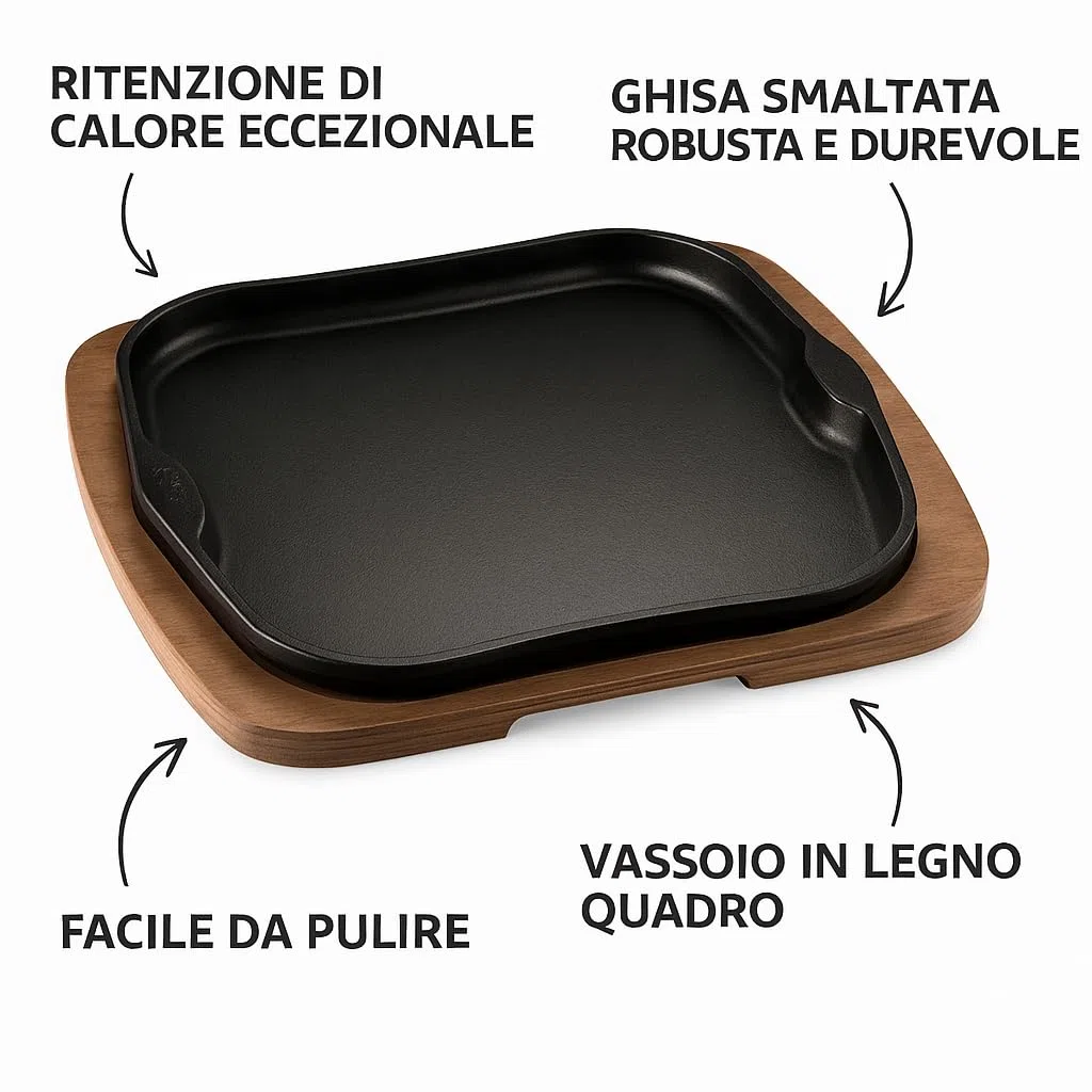Piastra in Ghisa Smaltata Quadrata con Base in Legno – Piatto da Servire Caldo per Carne, Pesce, Verdure e Fajitas – Alta Resistenza e Ottima Ritenzione del Calore (cm 30x22)