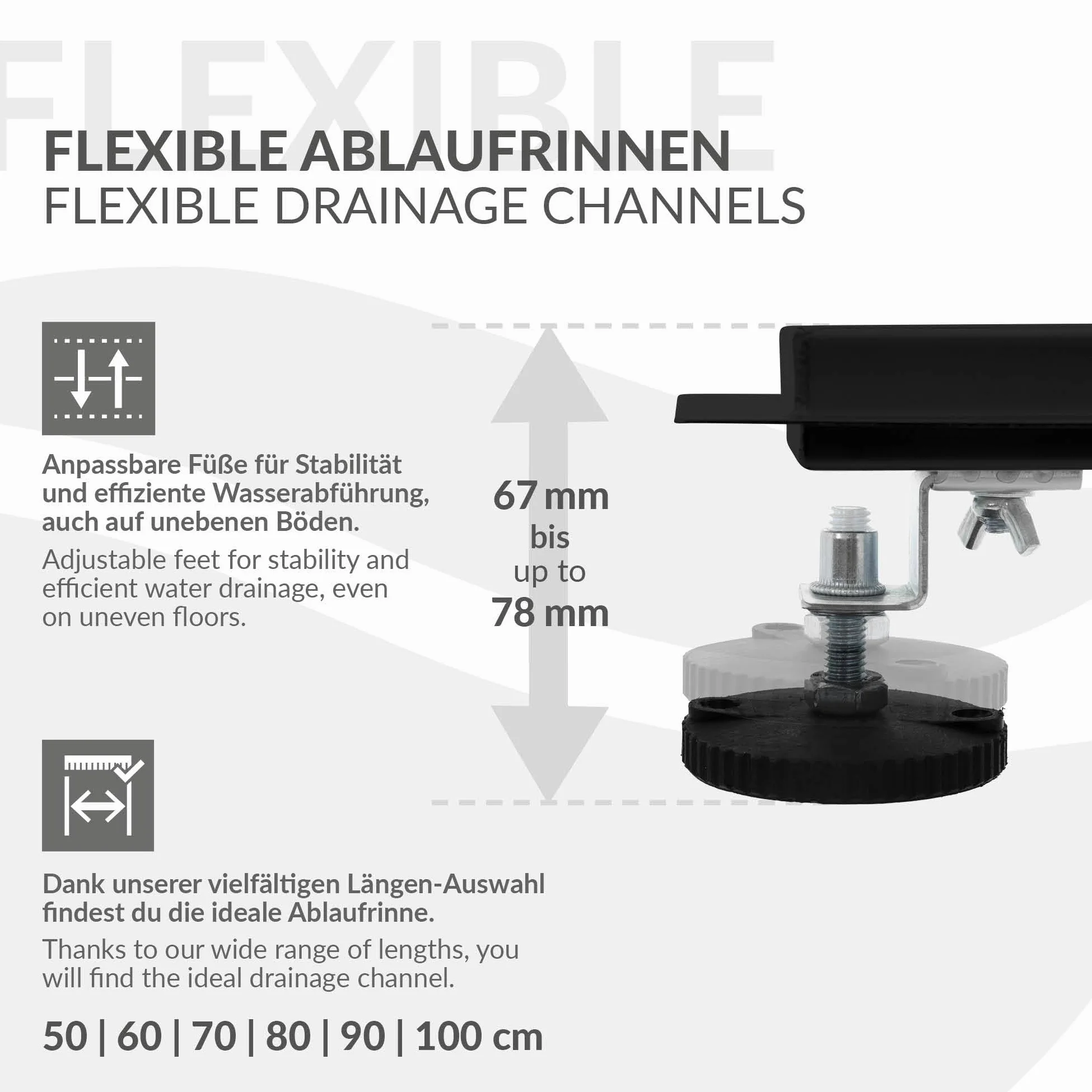 LuxeBath Canaletta per Doccia 50 cm 2 in 1 Drenaggio Piastrellabile in Acciaio Inossidabile Nero Canalina Scarico a Pavimento per Bagno Set Completo di Fissaggio Sifone a Canale con Filtro per Capelli