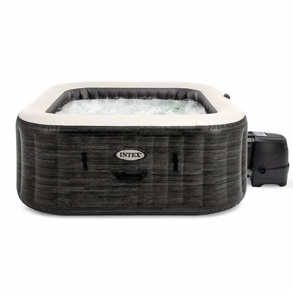 Intex 28452EX - PureSpa Vasca Idromassaggio Greystone Deluxe Quadrata, 6 posti, 170 Getti, Riscaldatore, PVC, Grigio, 195x195x71 cm