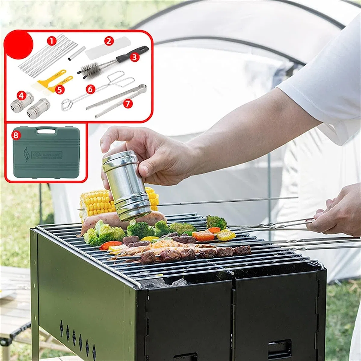 Griglia a Gas Ortable BBQ Stove Grill Scatola di Gomma Pieghevole Set da Forno Outdoor Camping Picnic Set di rastrelliere per Barbecue in Acciaio Inossidabile