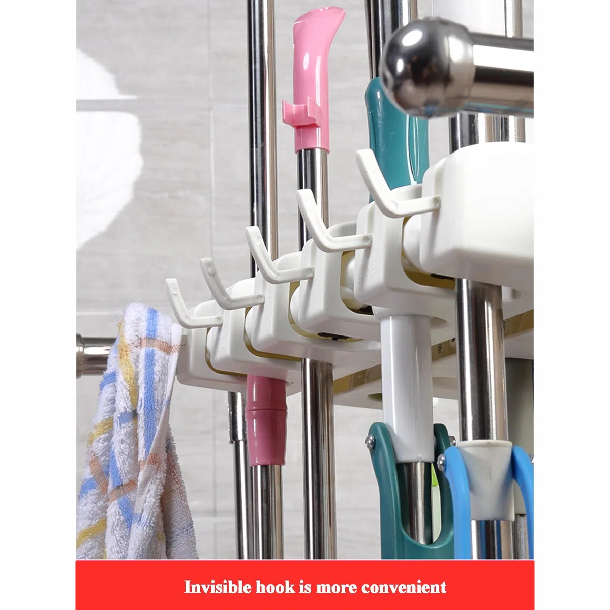 Carrello portautensili da pavimento per scopa e mocio, resistente, con grandi ganci per capannone, cortile, garage, grigio, 20 pezzi