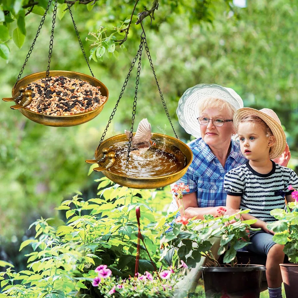 Mangiatoia per uccellini da esterno appendere, abbeveratoio per uccelli con uccellini decorativi in metallo balcone e terrazzo, beverino uccelli selvatici da giardino, bird feeder