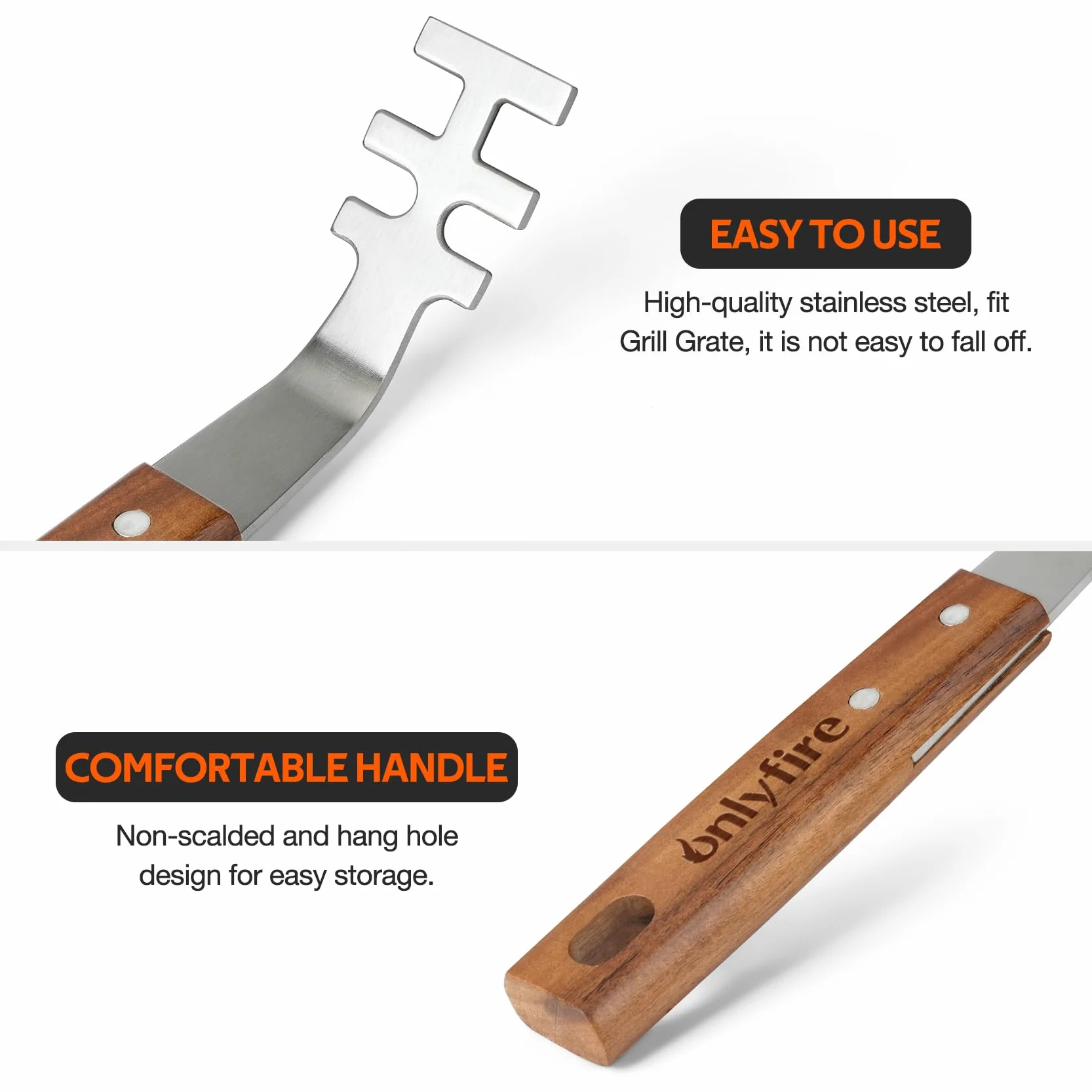 onlyfire 2 Pezzi Sollevatori per Griglia in Acciaio Inox con Maniglia in Legno di Acacia, Attrezzo per Sollevare Le Griglie del Barbecue per Maneggiare in Sicurezza Le Griglie Calde,Accessori per BBQ