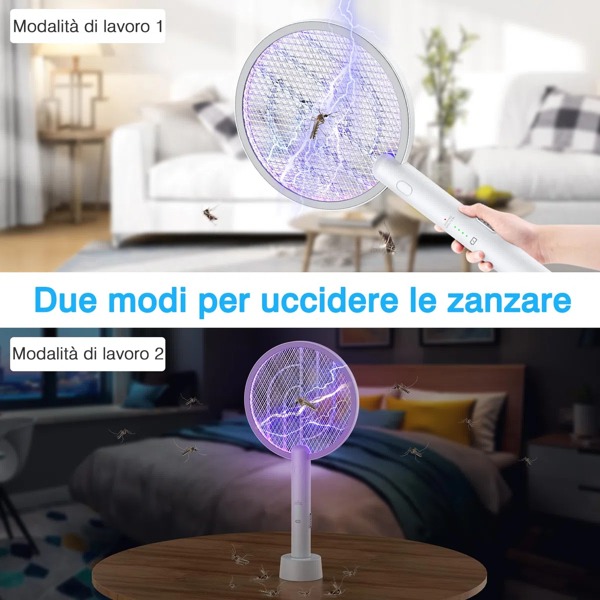 PALONE Racchetta Zanzare Elettrica, 4000V con USB Ricaricabile LED 2-In-1 Racchetta Zanzare Elettrico, Protezione Maglia a 3 Strati, Adatto per Casa Giardino Campeggio Interni ed Esterni - Bianco