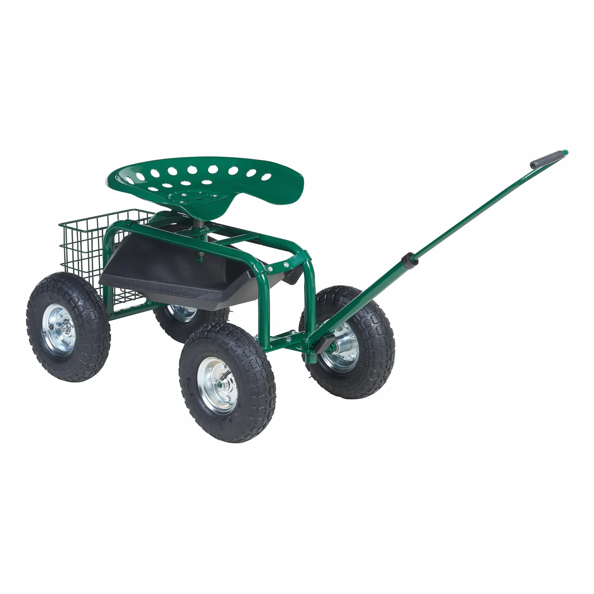 pro.tec Sgabello da Giardinaggio con Ruote Pneumatiche e Sedile Regolabile in Altezza Carrello in Acciaio da Giardino 81x45 cm con Manico Vassoio e Cestello Porta Attrezzi - Verde/Nero/Argento