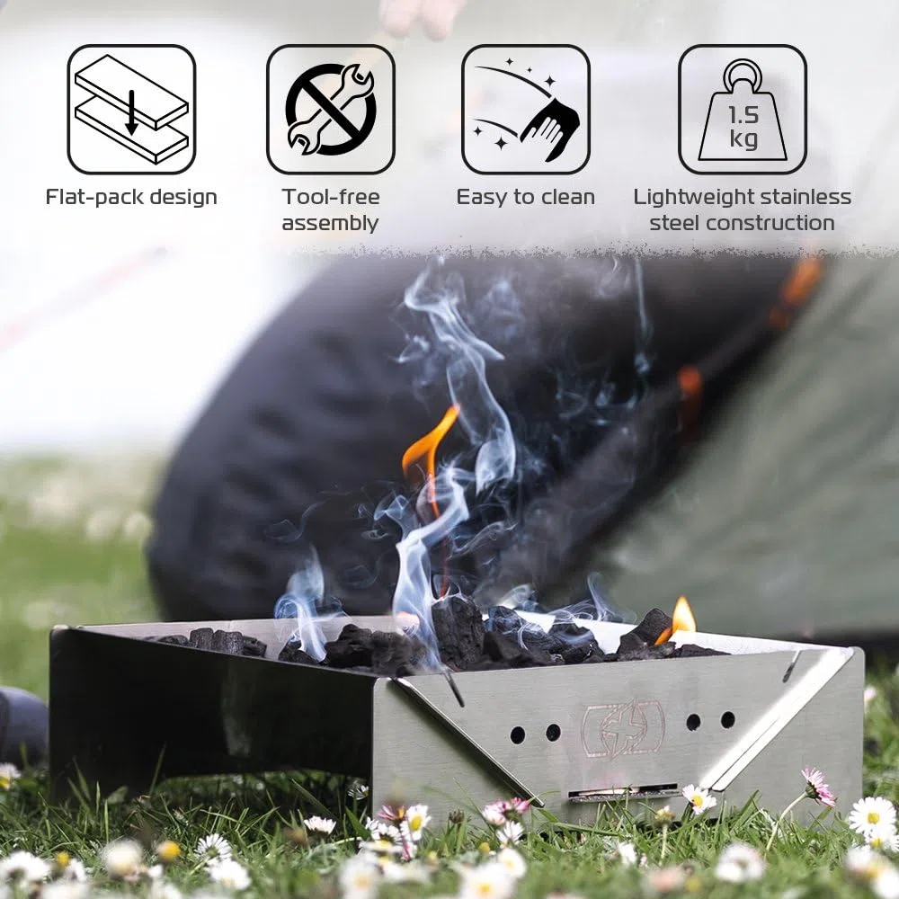 Oxford FirePit - Braciere portatile in acciaio inox con custodia per il trasporto, design leggero e piatto, per campeggio, spiaggia, viaggi, escursionismo, barbecue, base rialzata, facile da montare