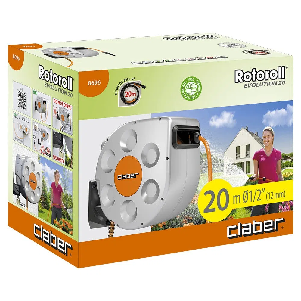 Claber Rotoroll Evolution 20m, Avvolgitubo automatico per installazione a parete dotato di slow rewind
