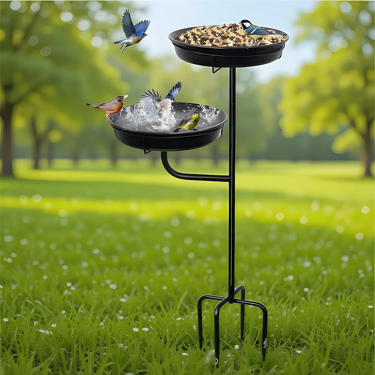 Vasca per uccelli | Vassoio per mangiatoia in metallo – Vasca per uccelli con paletto, per giardino, cortile, ponte, padiglione, prato, decorazione per la casa, paesaggio papà mamma