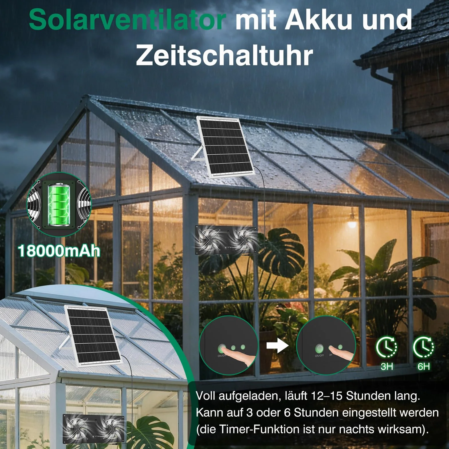 Ventilatore solare con batteria da 18000 mAh e timer, 40 W, 3500 giri/min, ventola di scarico solare ad alta velocità, silenziosa e impermeabile, per pollaio, serra, capanno e casa di animali