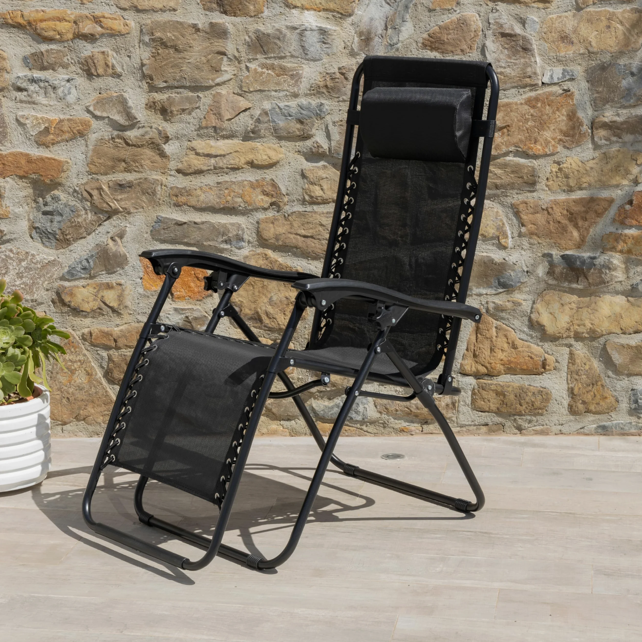 Baroni Home Sedia Sdraio Zero Gravity da Giardino, Chaise Longue Pieghevole da Esterno, Sdraio Salvaspazio per Piscina e Terrazzo, Poltrona Relax, 165x65x93 cm Nero