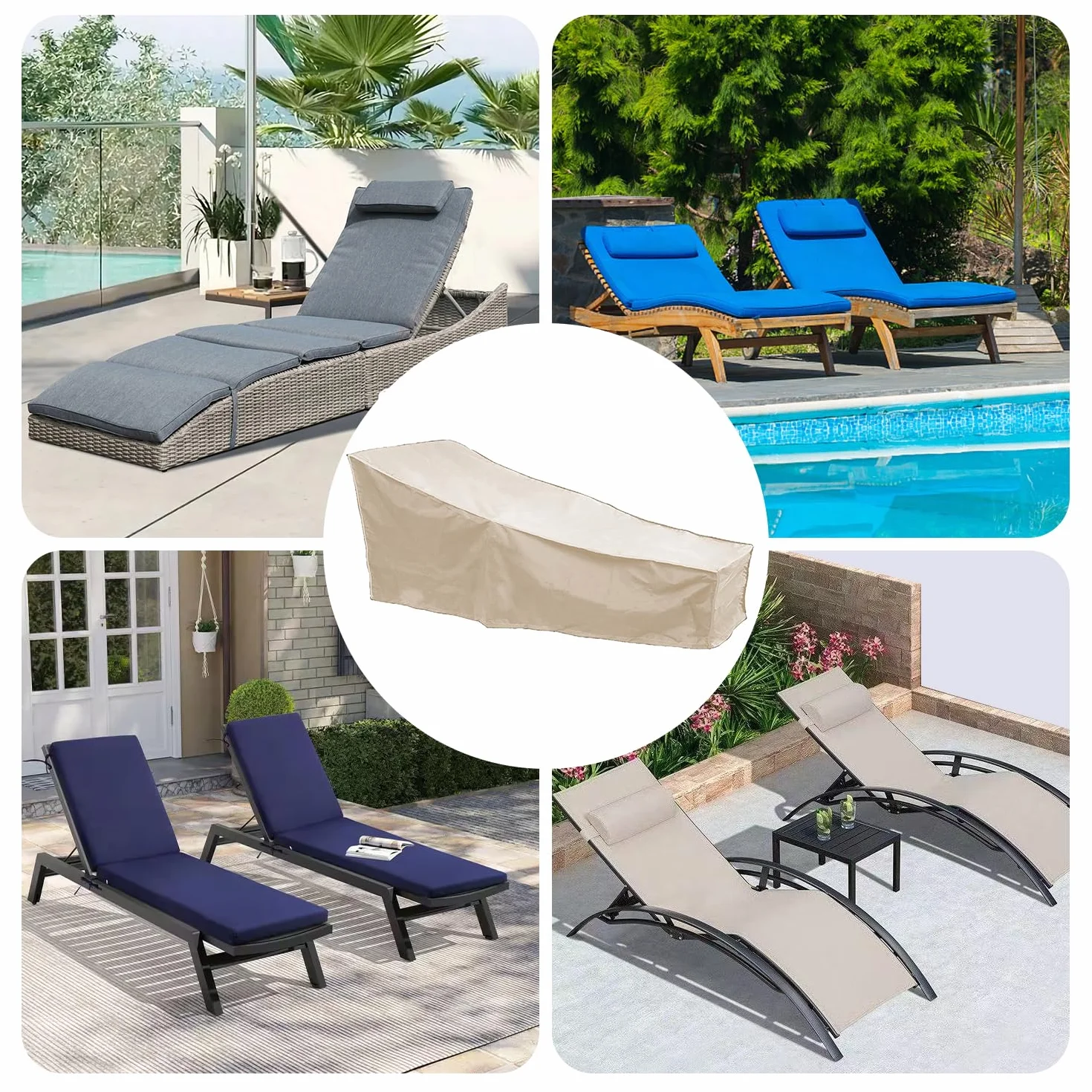 Copertura per Chaise Longue da Giardino, 208 x 76 x 41 cm Coperture per Lettini Prendisole Impermeabile Resistente al Vento Coperture per Chaise Longue per Patio Esterno (Beige*2)