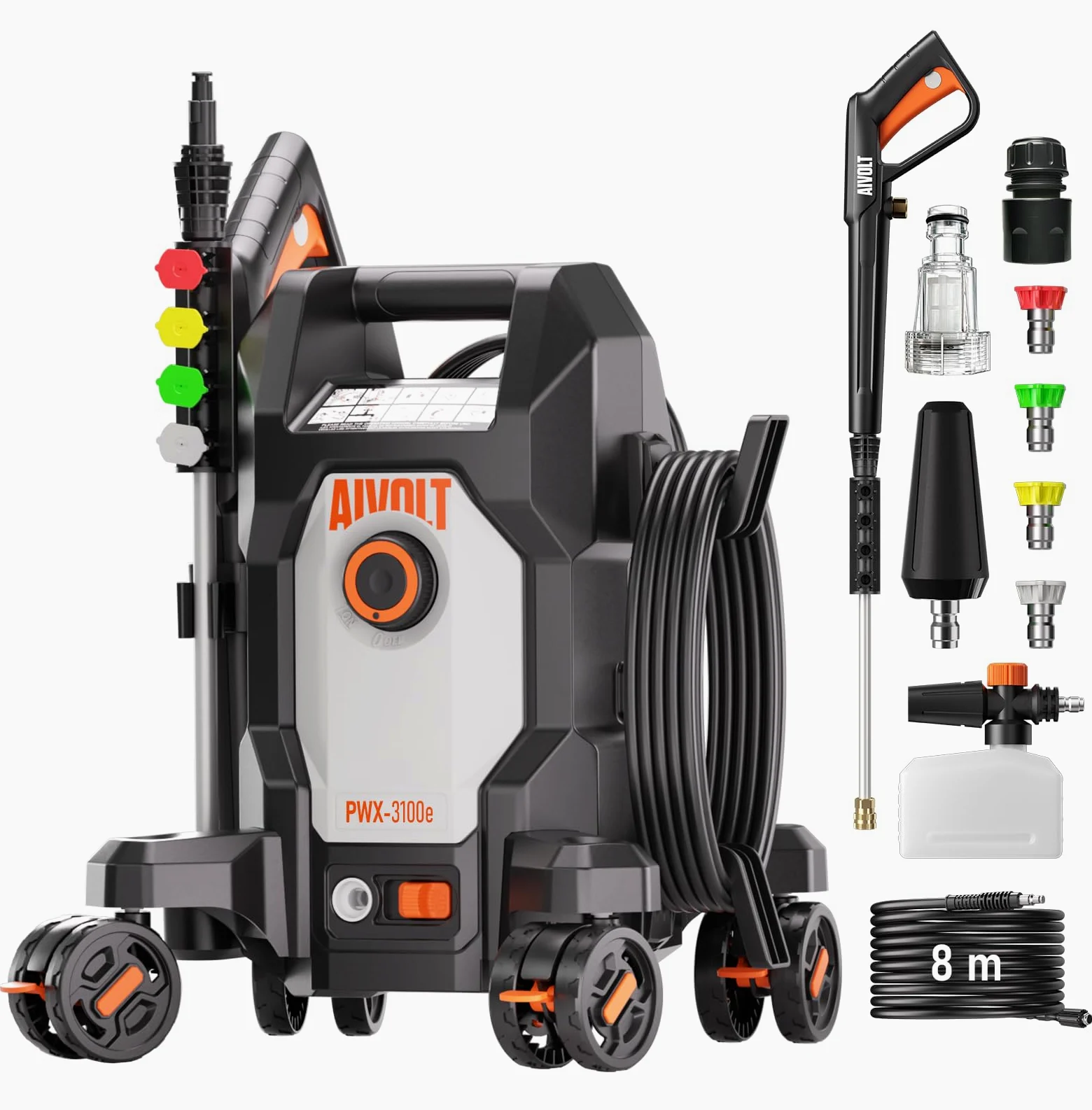 AIVOLT Idropulitrice ad Alta Pressione da 1800W, 170 Bar | con 5 Ugelli di Diversa Modalità, Tubo Flessibile da 7,6 Metri, Portata Massima 360 L/H, per Pavimenti, Finestre, Auto, ecc.