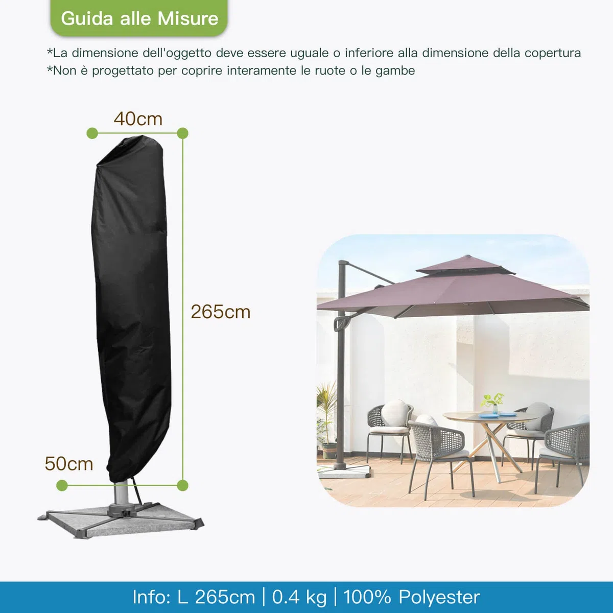 AWNIC Copri Ombrellone da Giardino Impermeabile, Resistente ai Raggi UV e agli Strappi Telo Ombrellone 3x4m Resistente allo Strappo Oxford Copertura Ombrellone da Giardino 265x40/70/50cm