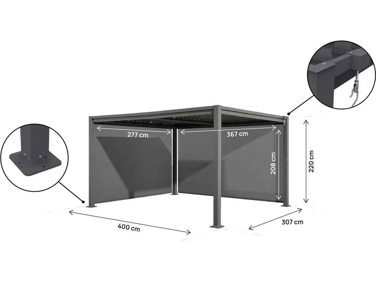 Pergola bioclimatica "Howard" con 2 tende in acciaio zincato - 3 x 4 m - Grigio